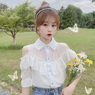 Short-sleeve Cold Shoulder Frill Trim Chiffon Shirt White - One Size