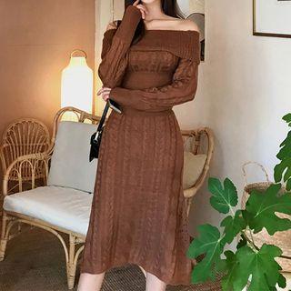 Off-shoulder Long-sleeve Sheath Midi Knit Dress