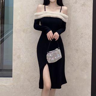 Cold-shoulder Fluffy Trim Mermaid Dress