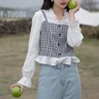 Mock Two-piece Puff-sleeve Gingham Blouse