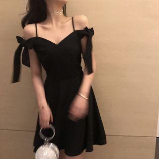 Off-shoulder A-line Dress Black - One Size