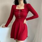 Square-neck Single-breasted Long-sleeve A-line Dress
