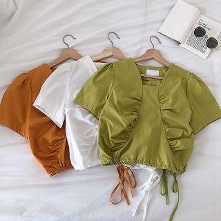 Plain Drawcord Short-sleeve Blouse