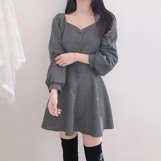 Button Long-sleeve Mini A-line Dress