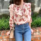 Ruffled Floral Chiffon Blouse Light Beige - One Size