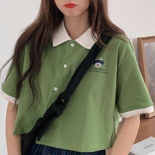 Clown Print Collared Elbow-sleeve Cropped T-shirt