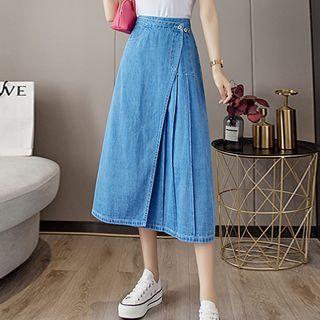 High-waist Pleated Asymmetric Denim Skirt