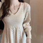 Plain V-neck High-waist Loose-fit Long-sleeve Cable-knit Dress Dress - Almond - One Size