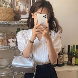 Puff Sleeve Collar Pleated Shirt White - One Size