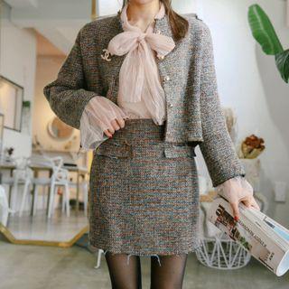 Fray-edge Tweed Wool Blend Jacket