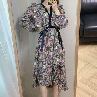 Long-sleeve Ruffle Trim Floral Dress