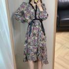 Long-sleeve Ruffle Trim Floral Dress