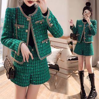 Plaid Sequined Button-up Jacket / High Waist Dress Shorts