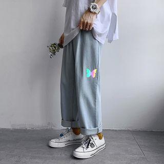 Butterfly Print Straight-cut Cropped Jeans