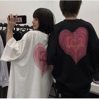 Elbow-sleeve Lettering Heart Print T-shirt