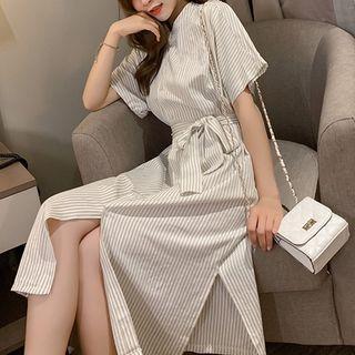 Short-sleeve Stripe Shirtdress With Belt Almond - One Size
