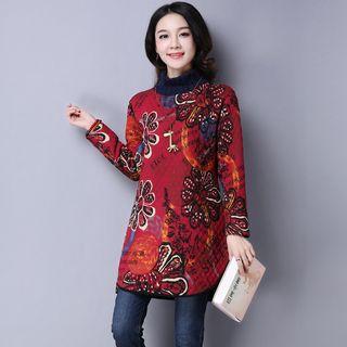 Fleece-lined Floral Turtleneck Sweatshirt
