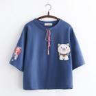 Embroidered Pig Elbow-sleeve T-shirt