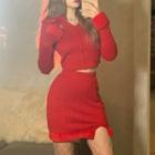 Set: Cable-knit Collared Cardigan + Mini Pencil Skirt
