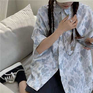 Set: Elbow-sleeve Heart Print Shirt + Chain