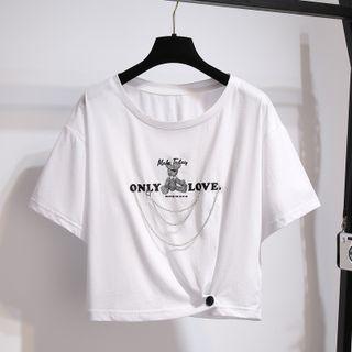 Short-sleeve Round-neck Cropped Print Top