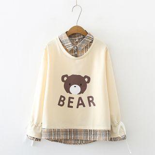 Long-sleeve Mock Two-piece Plaid Shirt Khaki - One Size