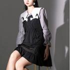 Flared-cuff Collared Blouse Gray - One Size