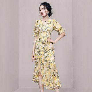 Asymmetrical Puff-sleeve Floral Print Shirred Bodycon Dress