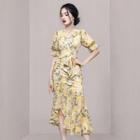 Asymmetrical Puff-sleeve Floral Print Shirred Bodycon Dress