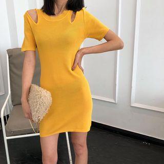 Short-sleeve Cutout Knit Mini Sheath Dress