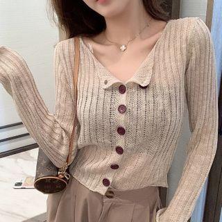 Long-sleeve Button-up Knit Top Khaki - One Size