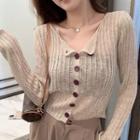 Long-sleeve Button-up Knit Top Khaki - One Size