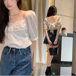 Short-sleeve Ruffle Trim Square-neck Top