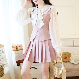 Set: Long-sleeve Ribbon Blouse + A-line Mini Pleated Skirt