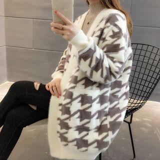 Houndstooth Open Front Long Cardigan