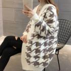 Houndstooth Open Front Long Cardigan