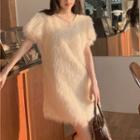 Short-sleeve Fluffy Mini Dress Almond - One Size