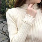 Fleece-lined Long Sleeve Ruffle Trim Knit Top