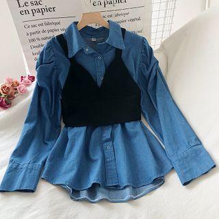 Set: Denim Shirt + Camisole Top Set - Blue - One Size
