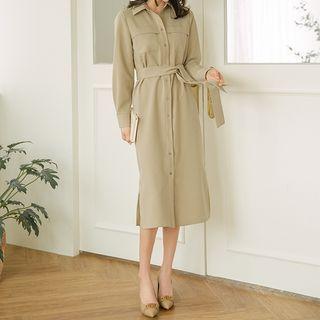 [v Lyou] Flap-pocket Long Shirtdress With Sash