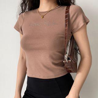 Short-sleeve Round-neck Lettering Rhinestone Top