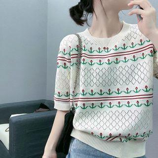 Short-sleeve Floral Knit Top White - One Size