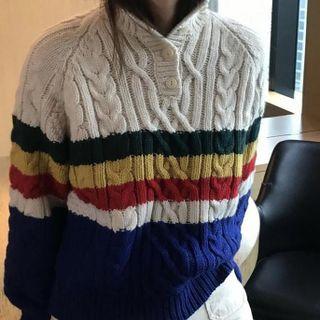 Color Block Henley Cable Knit Sweater