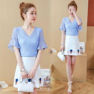 Set: Lace Top + Embroidery A-line Skirt