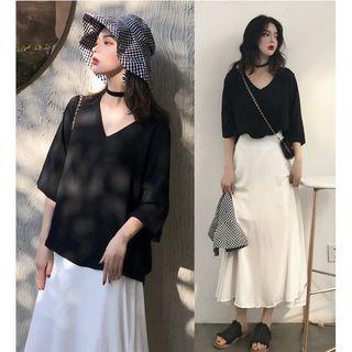 Simple V-neck Short-sleeve T Shirt + Medium Long Semi Skirt Set 2-piece