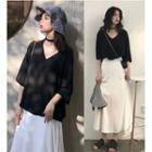 Simple V-neck Short-sleeve T Shirt + Medium Long Semi Skirt Set 2-piece