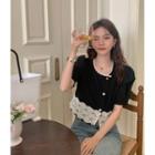 Short-sleeve Lace Trim Cropped Blouse Black - One Size