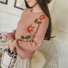 Set: Floral Embroidery Sweater + Pleated Midi Skirt
