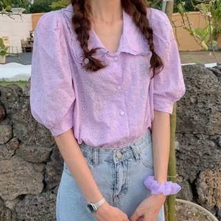 Puff-sleeve Eyelet Plain Blouse
