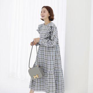 Round-neck Frilled-detail Checked Dress